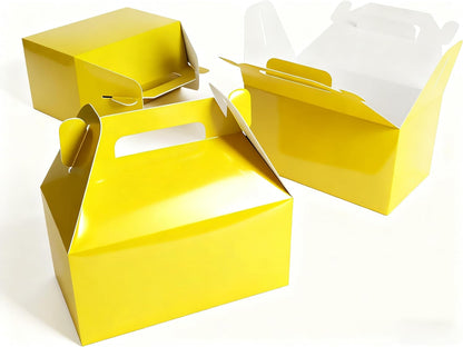 24 Pack Yellow Gable Boxes with Handles 6.2x3.5x3.5 Inch Paper Party Favor Gift Box for Summer Parties Kids Birthdays Friendship Events Sunshine Themes
