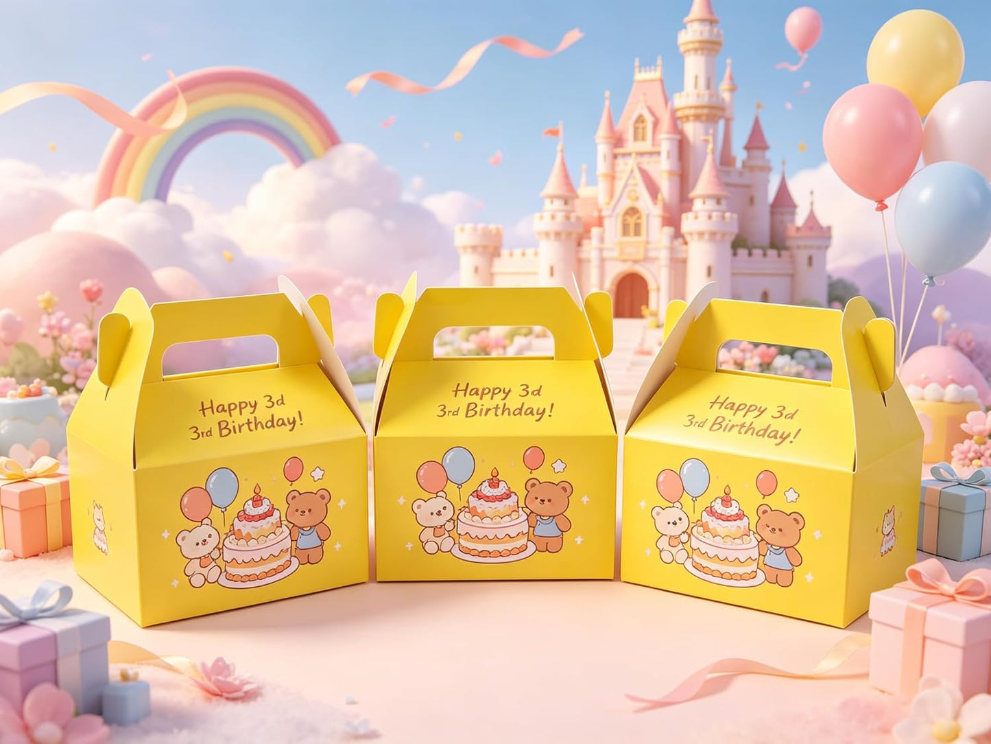 24 Pack Yellow Gable Boxes with Handles 6.2x3.5x3.5 Inch Paper Party Favor Gift Box for Summer Parties Kids Birthdays Friendship Events Sunshine Themes
