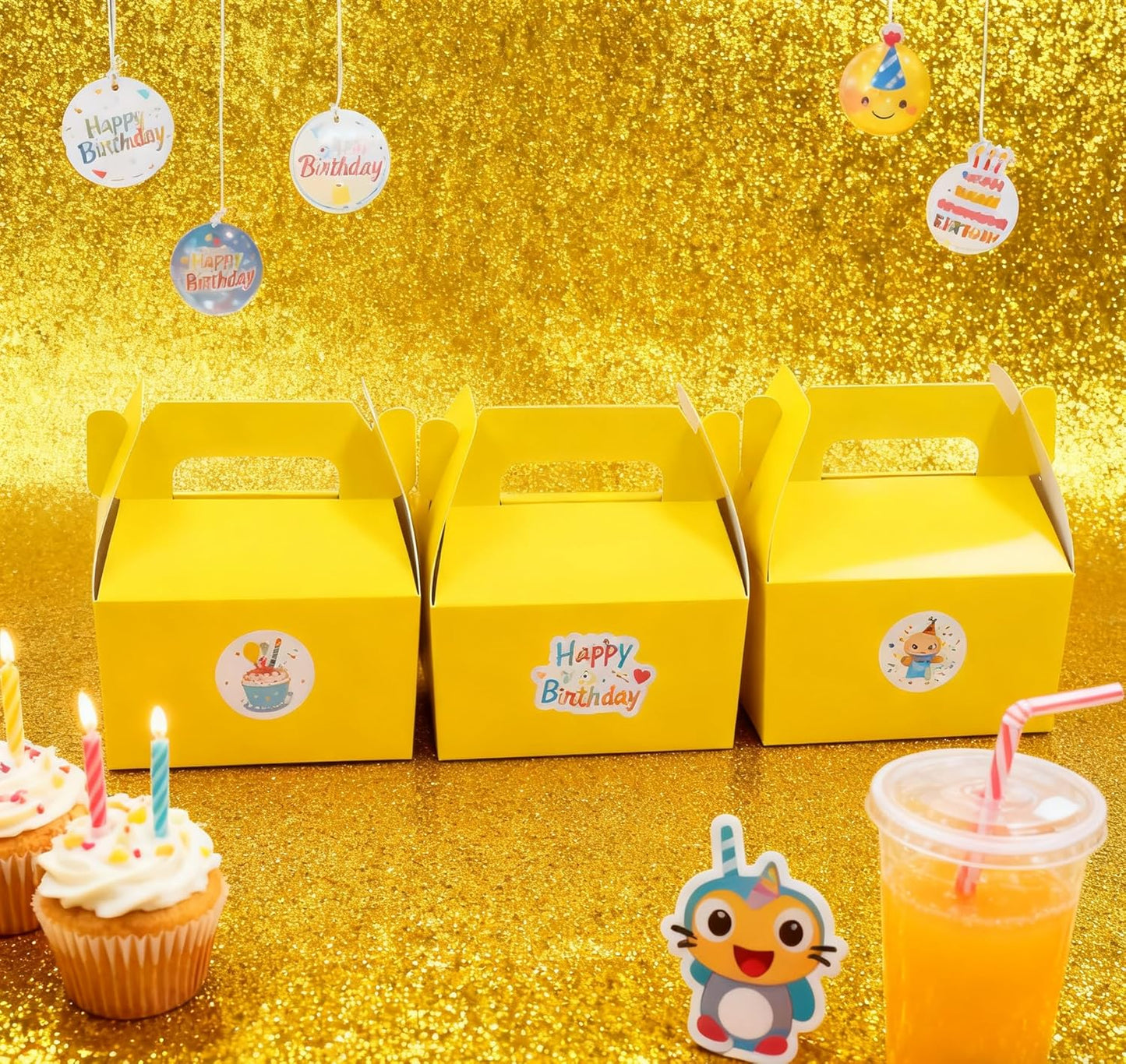 24 Pack Yellow Gable Boxes with Handles 6.2x3.5x3.5 Inch Paper Party Favor Gift Box for Summer Parties Kids Birthdays Friendship Events Sunshine Themes