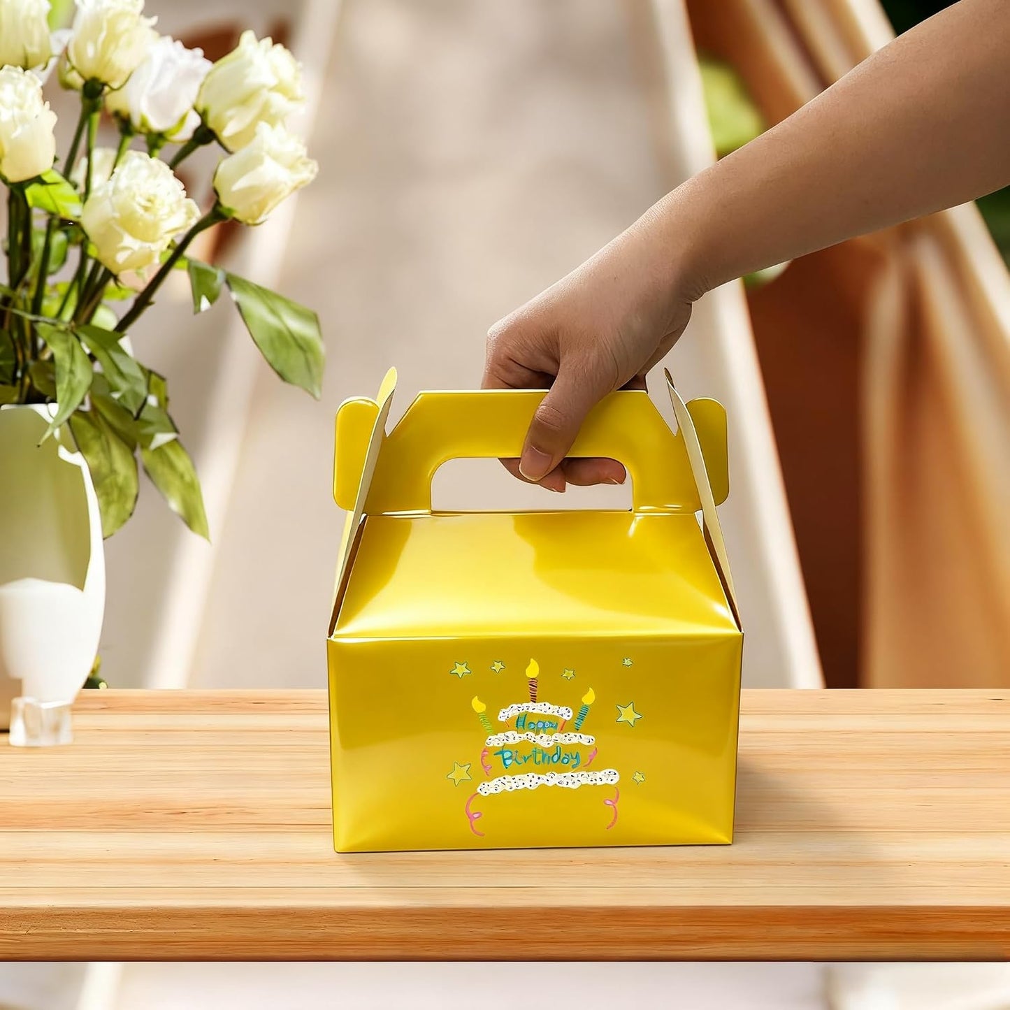24 Pack Yellow Gable Boxes with Handles 6.2x3.5x3.5 Inch Paper Party Favor Gift Box for Summer Parties Kids Birthdays Friendship Events Sunshine Themes