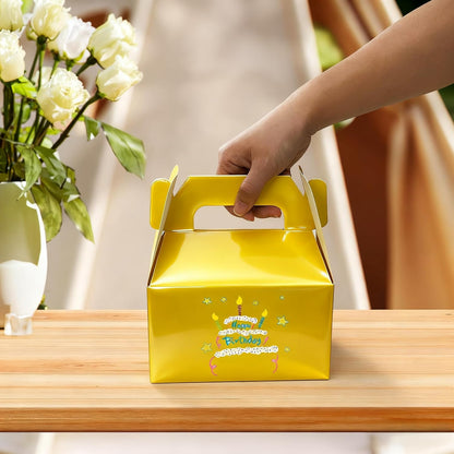 24 Pack Yellow Gable Boxes with Handles 6.2x3.5x3.5 Inch Paper Party Favor Gift Box for Summer Parties Kids Birthdays Friendship Events Sunshine Themes