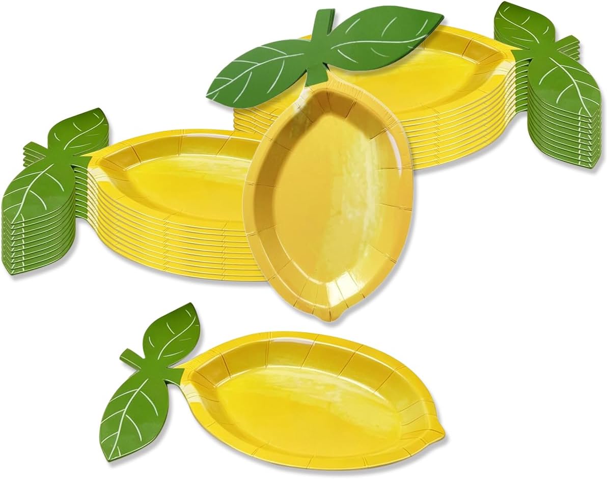 Lemon Shaped Paper Plates Disposable Summer Party Plates with Leaf Yellow Citrus Serving Plates for Tropical, Picnic, Birthday, Baby Shower, Lemonade Party Supplies