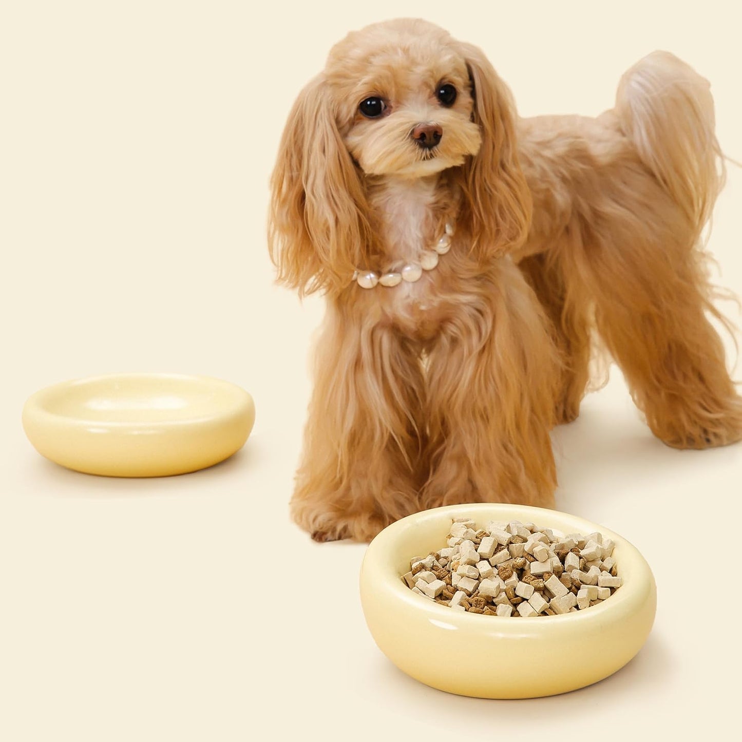 Pebble Pet Bowl Deep Yellow, Ergonomic Dog Cat Feeding Bowl, Flat-Faced Breed, Tilted Ceramic Pet Food Dish, Scooper Eater, Anti-Spill Design, Dishwasher Safe, Modern Pet Bowl, Dry & Wet Diet