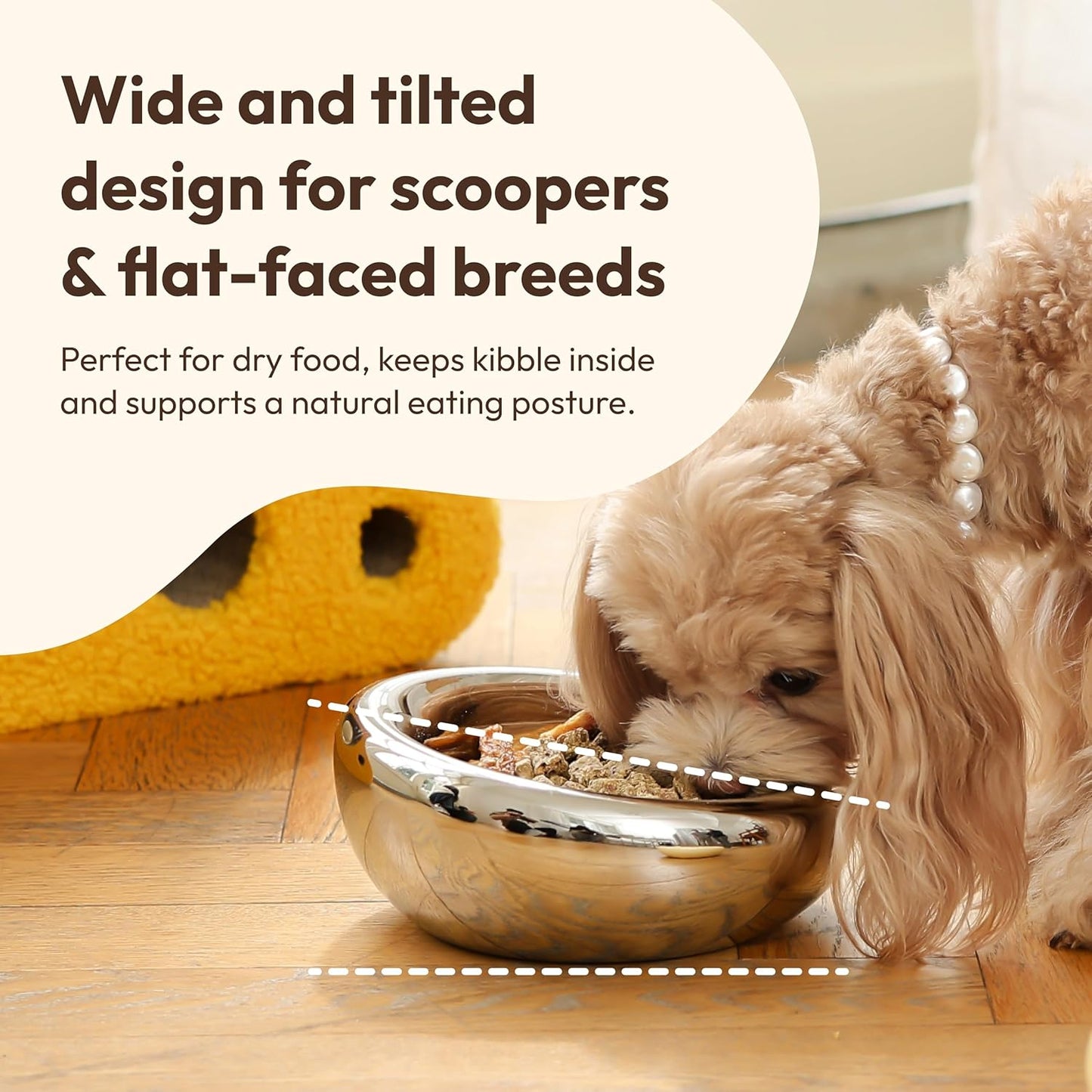 Pebble Pet Bowl Deep Yellow, Ergonomic Dog Cat Feeding Bowl, Flat-Faced Breed, Tilted Ceramic Pet Food Dish, Scooper Eater, Anti-Spill Design, Dishwasher Safe, Modern Pet Bowl, Dry & Wet Diet
