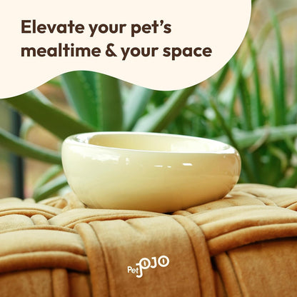 Pebble Pet Bowl Deep Yellow, Ergonomic Dog Cat Feeding Bowl, Flat-Faced Breed, Tilted Ceramic Pet Food Dish, Scooper Eater, Anti-Spill Design, Dishwasher Safe, Modern Pet Bowl, Dry & Wet Diet