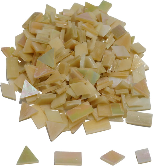 Iridescent Glass Mosaic Tiles - 200g Premium Shimmering Craft Tiles for DIY Projects, Handcrafted Stained Glass Pieces for Home Decor, Coasters, and Stepping Stones (Iridescent Light Yellow)
