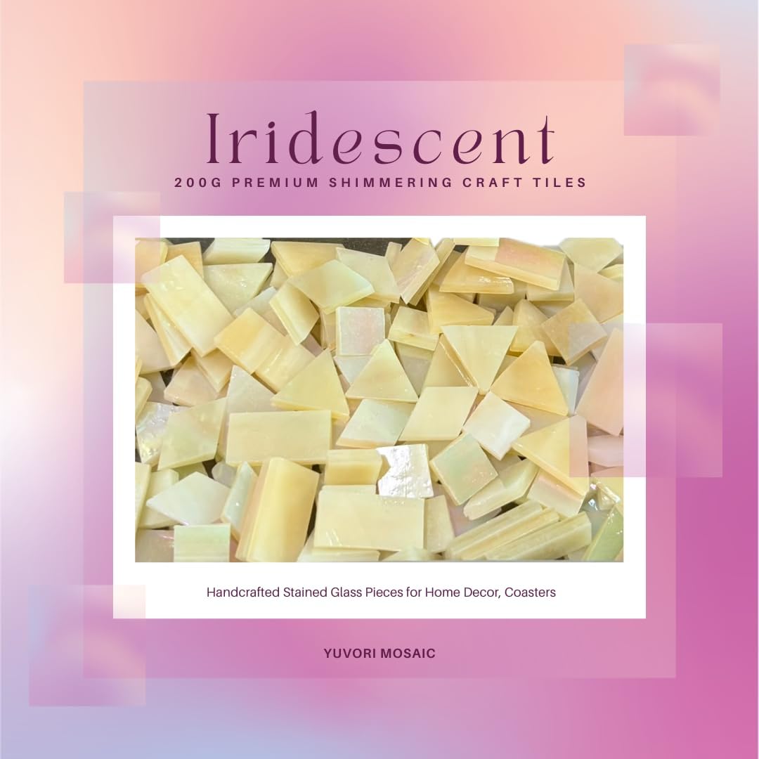 Iridescent Glass Mosaic Tiles - 200g Premium Shimmering Craft Tiles for DIY Projects, Handcrafted Stained Glass Pieces for Home Decor, Coasters, and Stepping Stones (Iridescent Light Yellow)