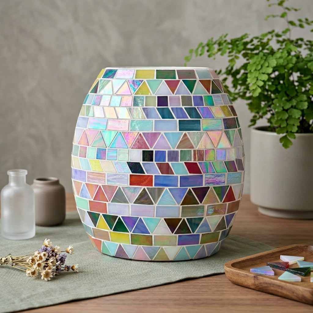 Iridescent Glass Mosaic Tiles - 200g Premium Shimmering Craft Tiles for DIY Projects, Handcrafted Stained Glass Pieces for Home Decor, Coasters, and Stepping Stones (Iridescent Light Yellow)