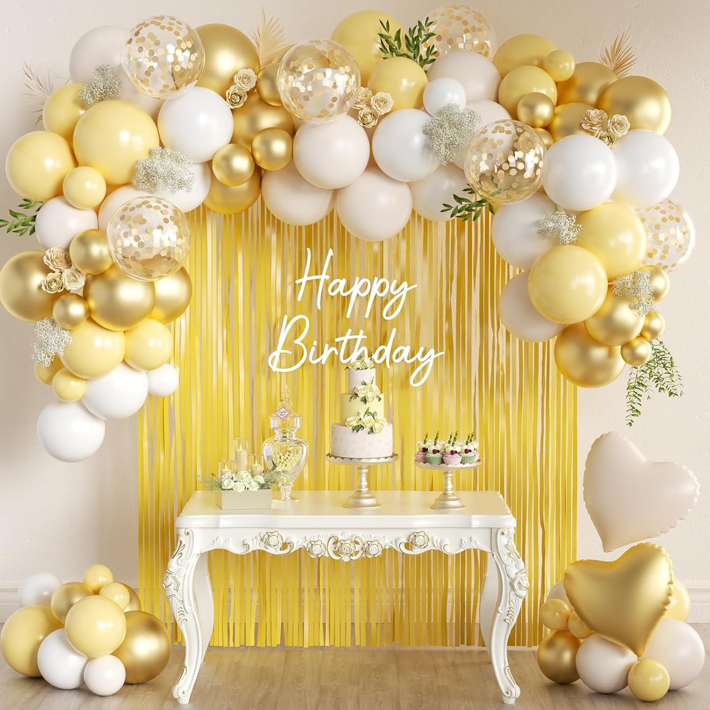 157Pcs Pastel Yellow White and Gold Balloons Garland Arch Kit with Macaron Yellow Fringe Curtain for Baby Shower Birthday Wedding Gender Reveal Sunflower Honeybee Theme Party Decorations