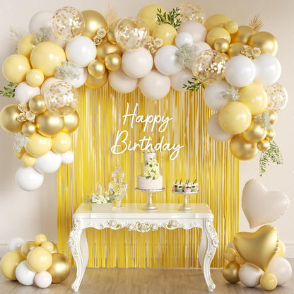 157Pcs Pastel Yellow White and Gold Balloons Garland Arch Kit with Macaron Yellow Fringe Curtain for Baby Shower Birthday Wedding Gender Reveal Sunflower Honeybee Theme Party Decorations