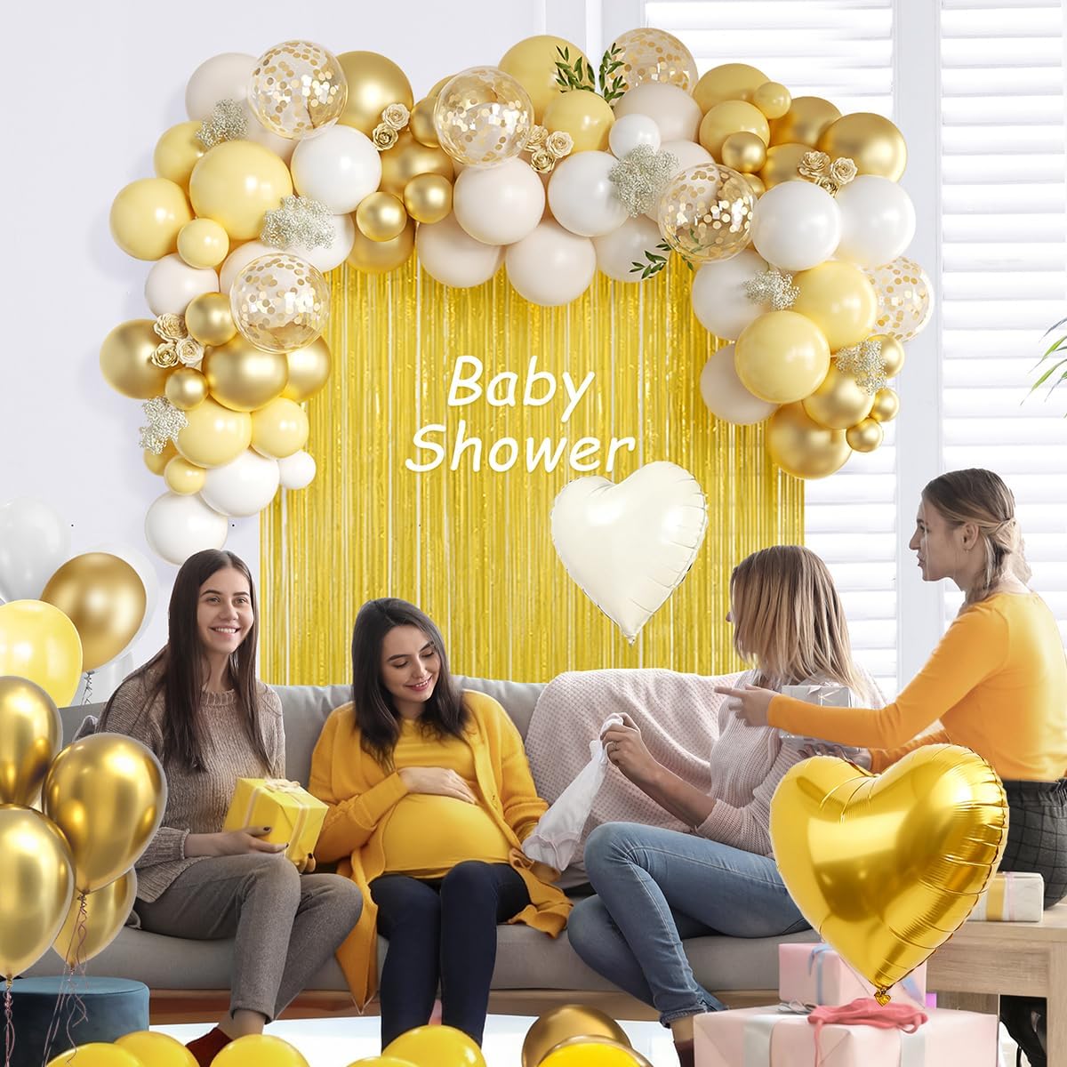 157Pcs Pastel Yellow White and Gold Balloons Garland Arch Kit with Macaron Yellow Fringe Curtain for Baby Shower Birthday Wedding Gender Reveal Sunflower Honeybee Theme Party Decorations