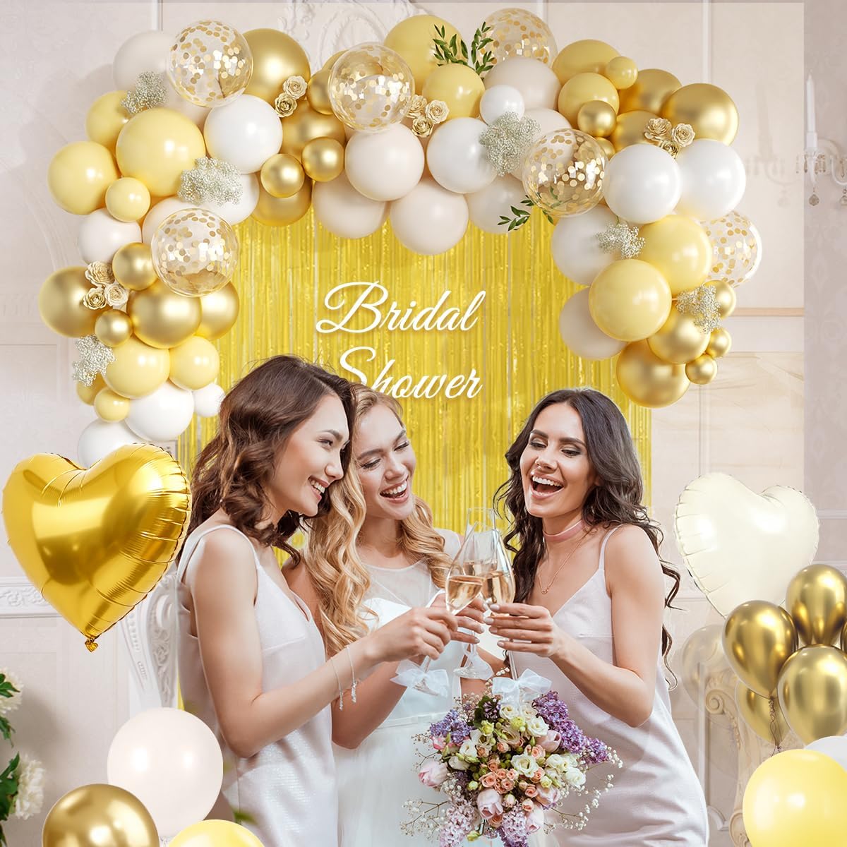 157Pcs Pastel Yellow White and Gold Balloons Garland Arch Kit with Macaron Yellow Fringe Curtain for Baby Shower Birthday Wedding Gender Reveal Sunflower Honeybee Theme Party Decorations
