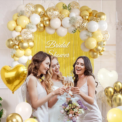 157Pcs Pastel Yellow White and Gold Balloons Garland Arch Kit with Macaron Yellow Fringe Curtain for Baby Shower Birthday Wedding Gender Reveal Sunflower Honeybee Theme Party Decorations