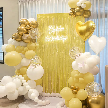 157Pcs Pastel Yellow White and Gold Balloons Garland Arch Kit with Macaron Yellow Fringe Curtain for Baby Shower Birthday Wedding Gender Reveal Sunflower Honeybee Theme Party Decorations
