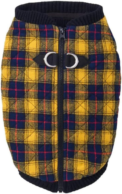 Fashion Vest Check Dog Jacket, Yellow Check, Small | Checkered quilted bomber, water-resistant; Stretch knit bottom; Dual D-ring leash; Pain-free zipper guard
