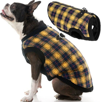 Fashion Vest Check Dog Jacket, Yellow Check, Small | Checkered quilted bomber, water-resistant; Stretch knit bottom; Dual D-ring leash; Pain-free zipper guard