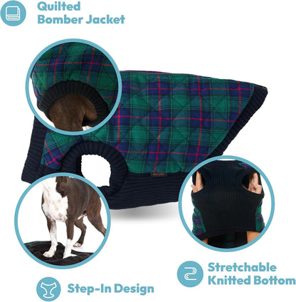 Fashion Vest Check Dog Jacket, Yellow Check, Small | Checkered quilted bomber, water-resistant; Stretch knit bottom; Dual D-ring leash; Pain-free zipper guard