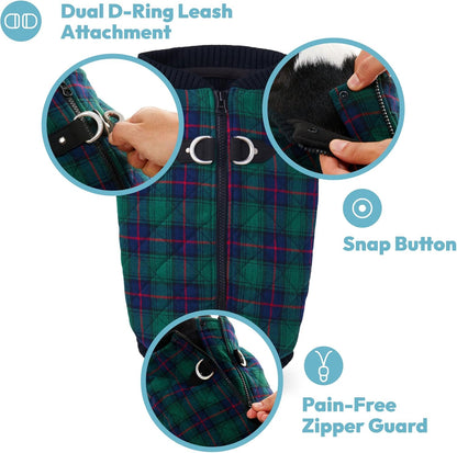 Fashion Vest Check Dog Jacket, Yellow Check, Small | Checkered quilted bomber, water-resistant; Stretch knit bottom; Dual D-ring leash; Pain-free zipper guard