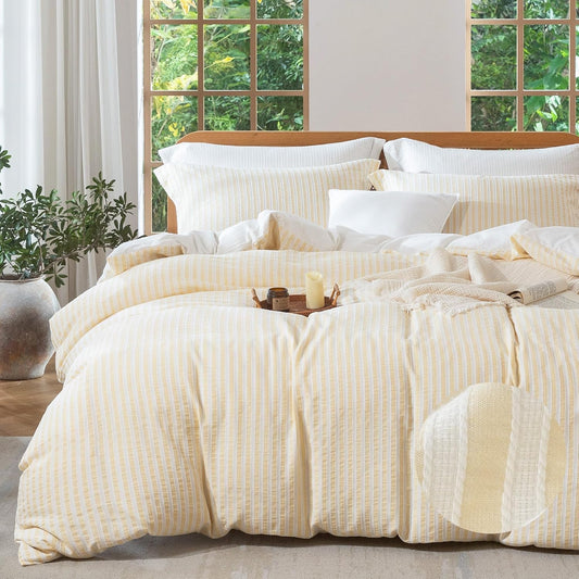 Yellow Striped Duvet Cover - 100% Washed Cotton Boho Jacquard Textured Comforter Cover Set 3pcs with Dual Zipper Closure & 8 Corner Ties Soft & Lightweight for All Season 90"x90"