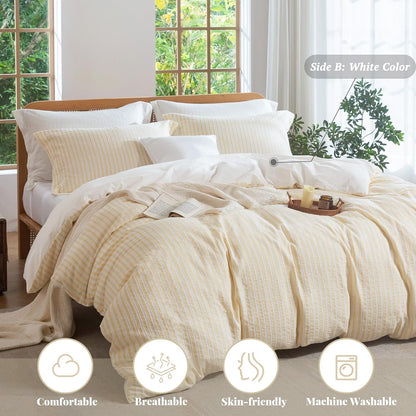 Yellow Striped Duvet Cover - 100% Washed Cotton Boho Jacquard Textured Comforter Cover Set 3pcs with Dual Zipper Closure & 8 Corner Ties Soft & Lightweight for All Season 90"x90"