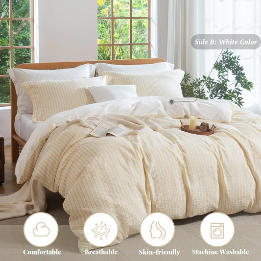 Yellow Striped Duvet Cover - 100% Washed Cotton Boho Jacquard Textured Comforter Cover Set 3pcs with Dual Zipper Closure & 8 Corner Ties Soft & Lightweight for All Season 90"x90"