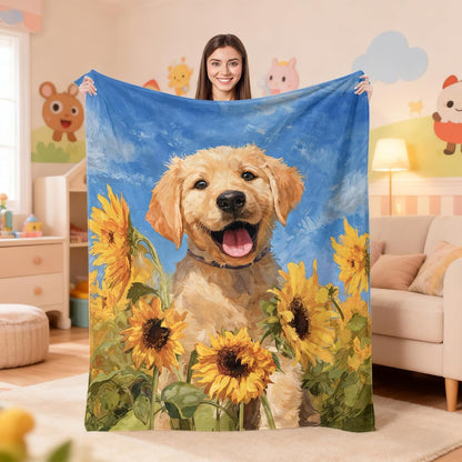 Cute Golden Retriever Flannel Blanket Throw, Super Soft Cozy Nap Blanket with Funny Dog Pattern for Sofa Travel and Camping, for All Seasons 50"x60" inch Yellow Puppy