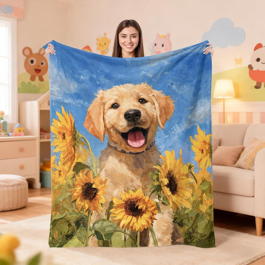 Cute Golden Retriever Flannel Blanket Throw, Super Soft Cozy Nap Blanket with Funny Dog Pattern for Sofa Travel and Camping, for All Seasons 50"x60" inch Yellow Puppy