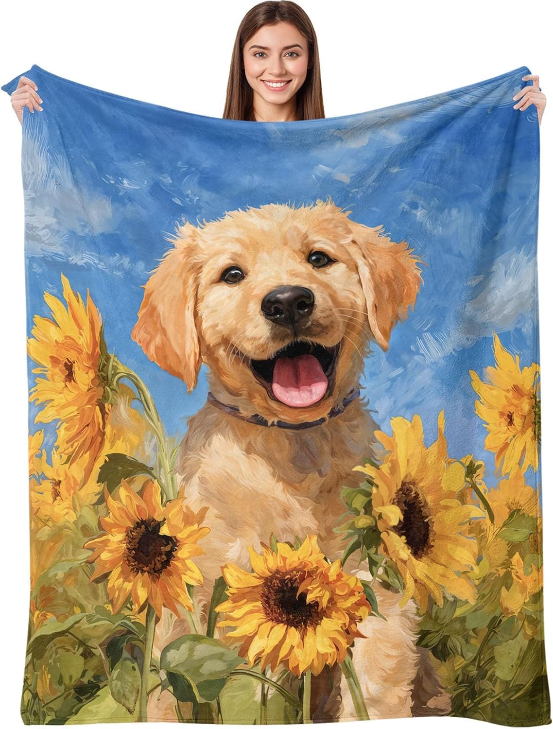 Cute Golden Retriever Flannel Blanket Throw, Super Soft Cozy Nap Blanket with Funny Dog Pattern for Sofa Travel and Camping, for All Seasons 50"x60" inch Yellow Puppy