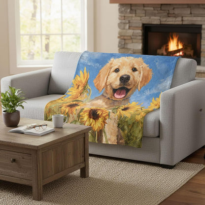 Cute Golden Retriever Flannel Blanket Throw, Super Soft Cozy Nap Blanket with Funny Dog Pattern for Sofa Travel and Camping, for All Seasons 50"x60" inch Yellow Puppy