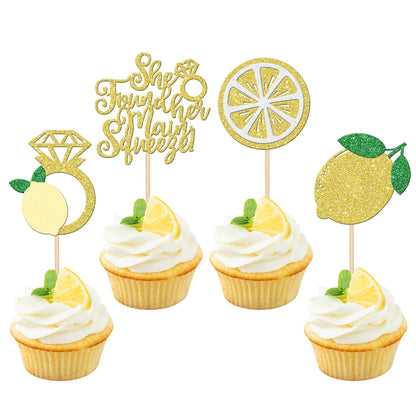 24 PCS Lemon Cupcake Toppers Glitter Lemonade Party She Found Her Main Squeeze Cupcake Picks for Lemon Theme Baby Shower Wedding Engagement Bridal Shower Birthday Party Cake Decorations Supplies