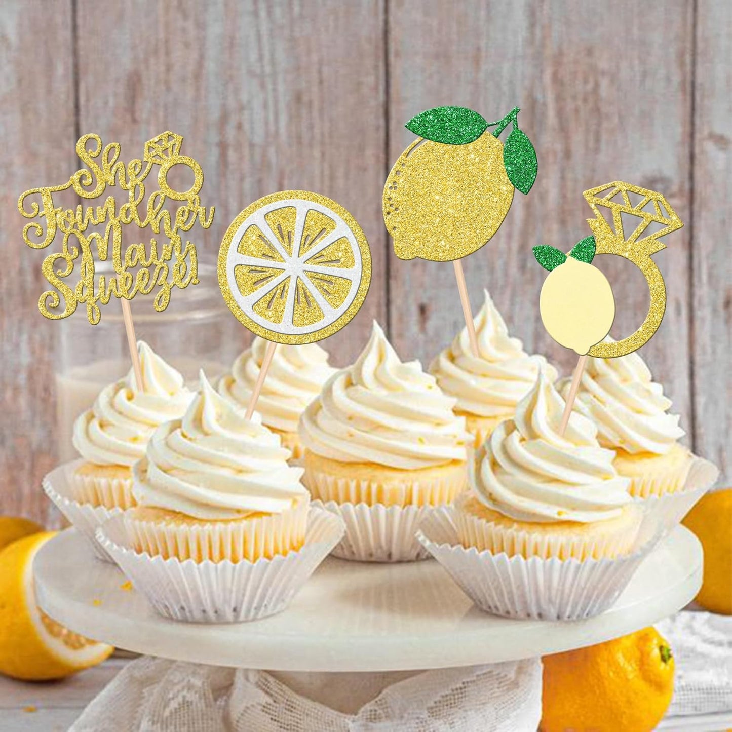 24 PCS Lemon Cupcake Toppers Glitter Lemonade Party She Found Her Main Squeeze Cupcake Picks for Lemon Theme Baby Shower Wedding Engagement Bridal Shower Birthday Party Cake Decorations Supplies
