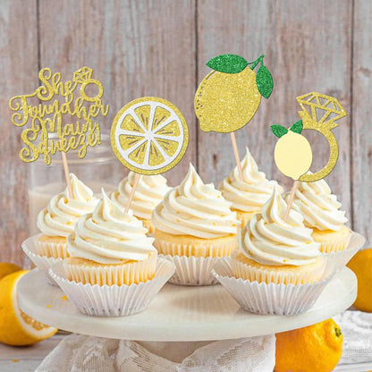 24 PCS Lemon Cupcake Toppers Glitter Lemonade Party She Found Her Main Squeeze Cupcake Picks for Lemon Theme Baby Shower Wedding Engagement Bridal Shower Birthday Party Cake Decorations Supplies