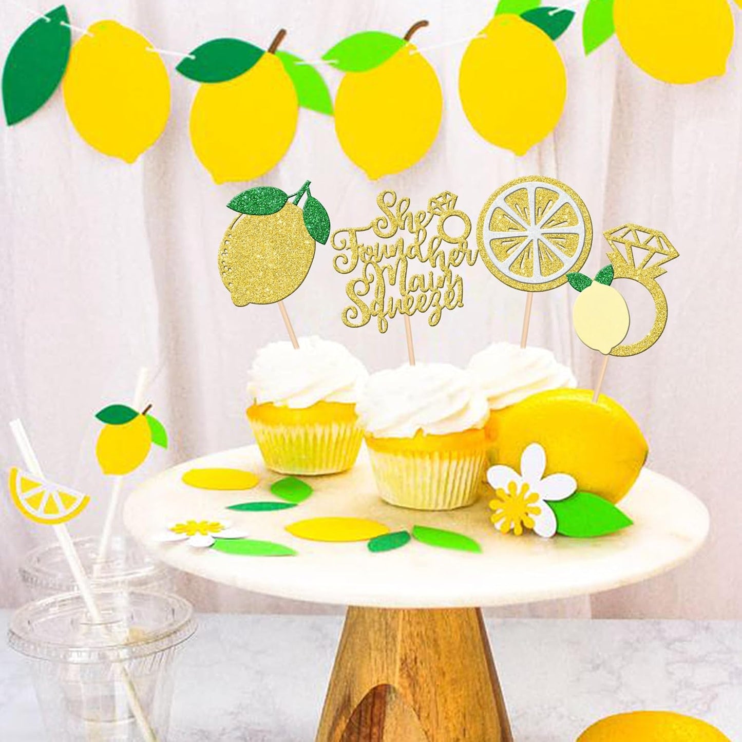 24 PCS Lemon Cupcake Toppers Glitter Lemonade Party She Found Her Main Squeeze Cupcake Picks for Lemon Theme Baby Shower Wedding Engagement Bridal Shower Birthday Party Cake Decorations Supplies
