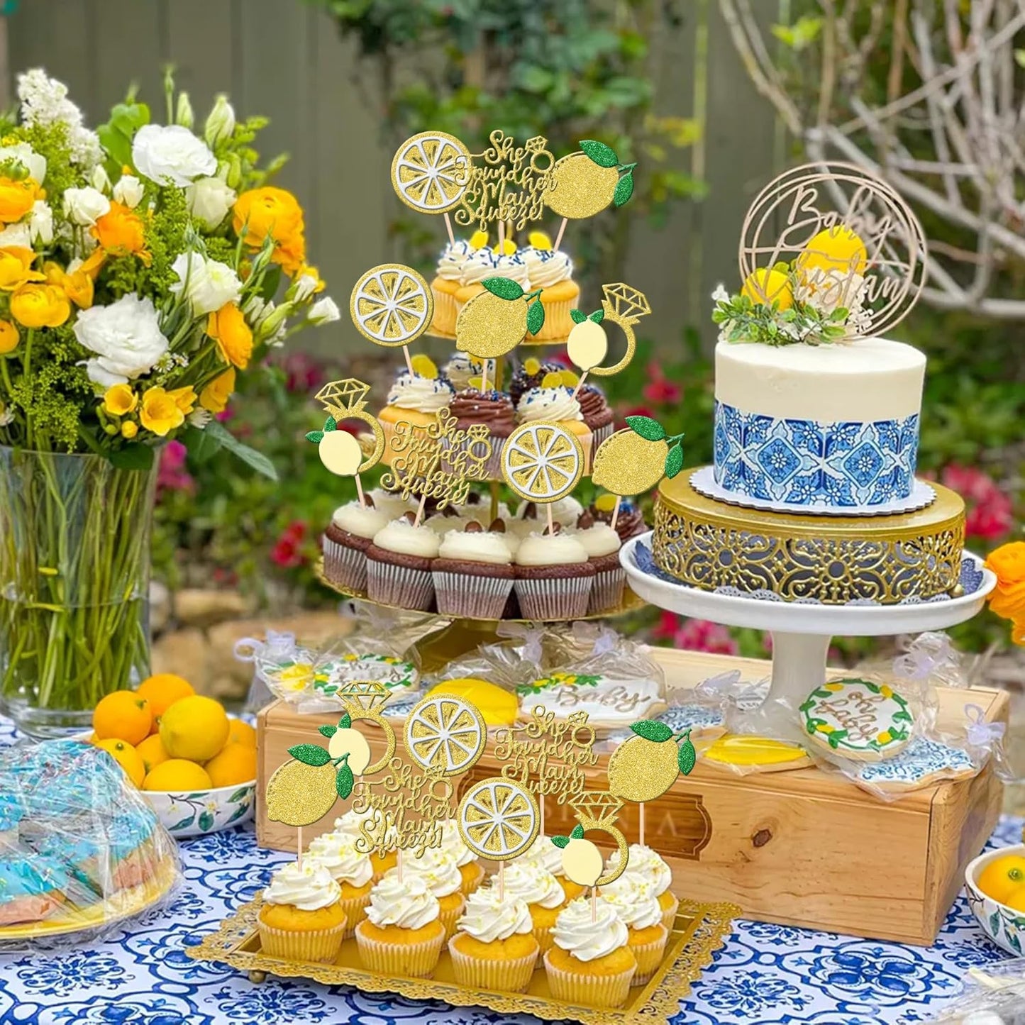24 PCS Lemon Cupcake Toppers Glitter Lemonade Party She Found Her Main Squeeze Cupcake Picks for Lemon Theme Baby Shower Wedding Engagement Bridal Shower Birthday Party Cake Decorations Supplies