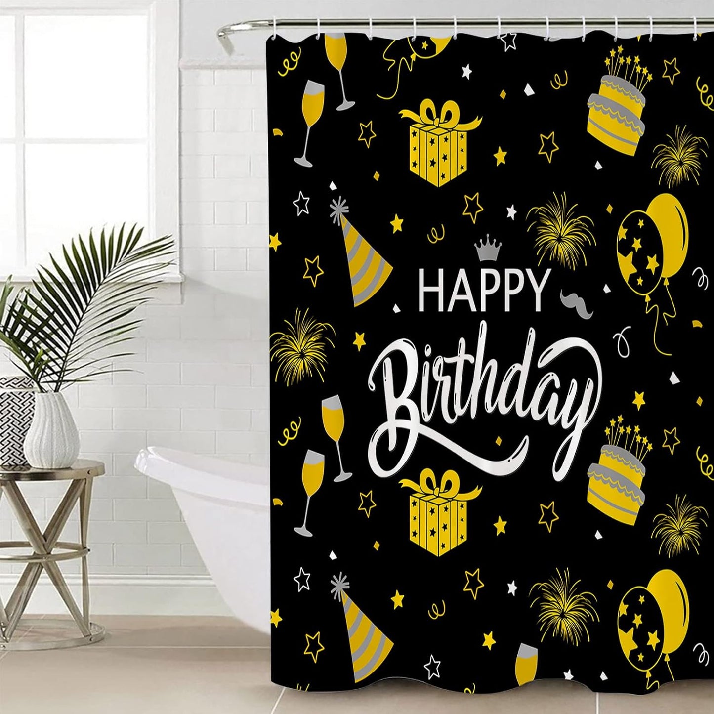 Happy Birthday Waterproof Shower Curtains Set - Standard 72 x 72 Inch, Yellow Celebration Black Backdrop Polyester Fabric Bathroom Curtain with 12 Hooks, Bathroom Accessories, 1 Panel