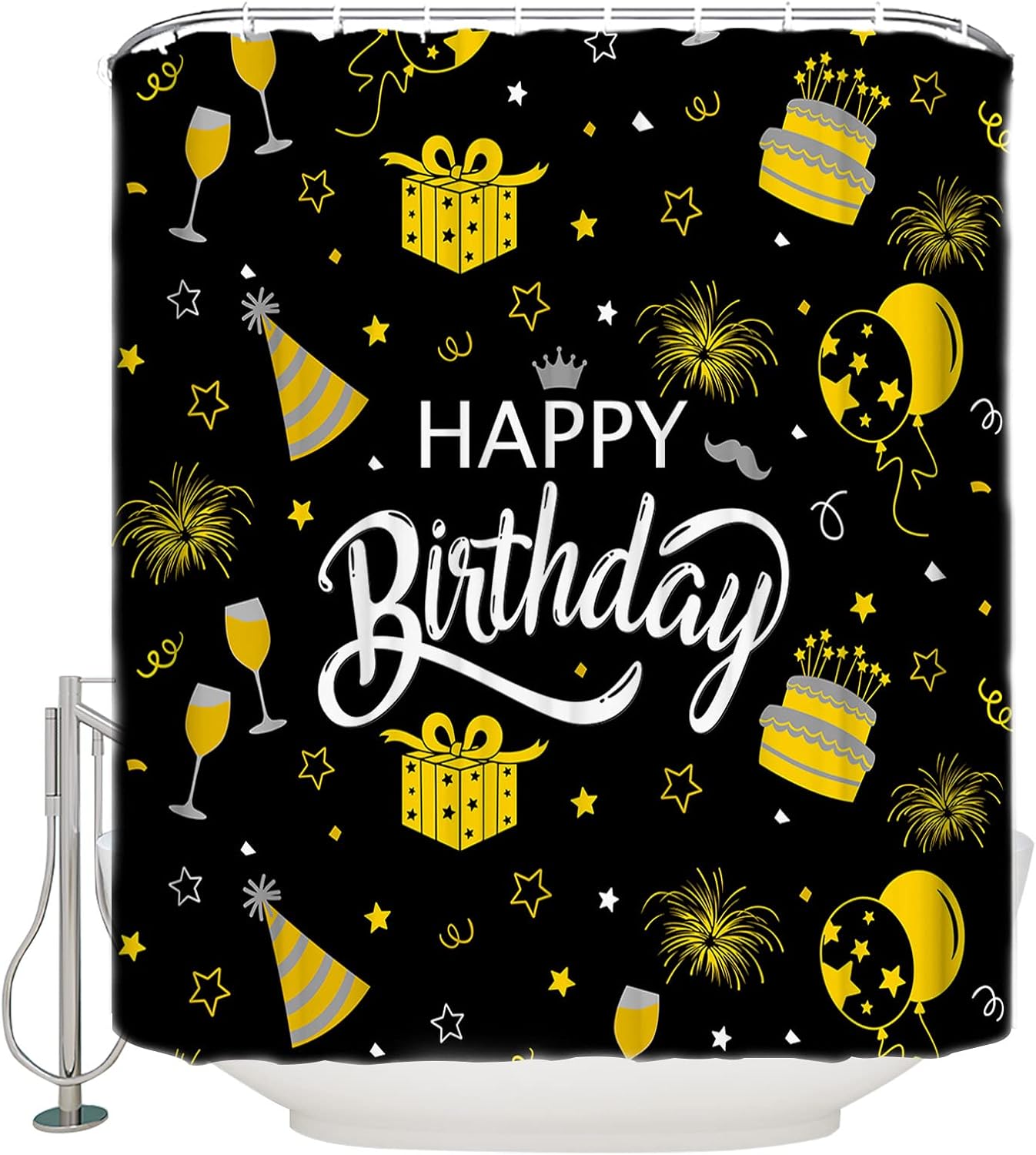 Happy Birthday Waterproof Shower Curtains Set - Standard 72 x 72 Inch, Yellow Celebration Black Backdrop Polyester Fabric Bathroom Curtain with 12 Hooks, Bathroom Accessories, 1 Panel