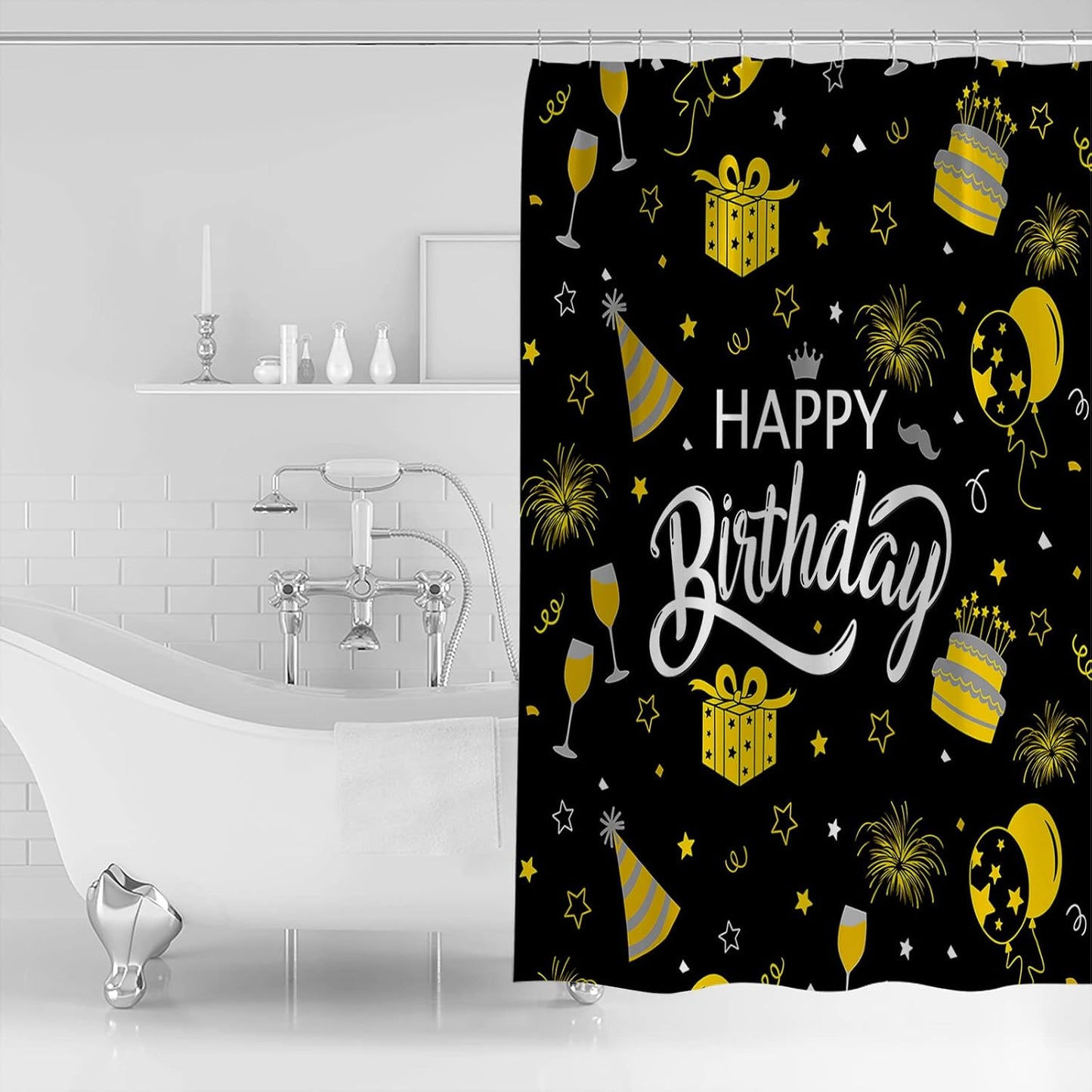 Happy Birthday Waterproof Shower Curtains Set - Standard 72 x 72 Inch, Yellow Celebration Black Backdrop Polyester Fabric Bathroom Curtain with 12 Hooks, Bathroom Accessories, 1 Panel