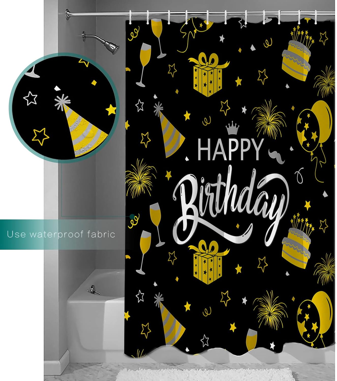 Happy Birthday Waterproof Shower Curtains Set - Standard 72 x 72 Inch, Yellow Celebration Black Backdrop Polyester Fabric Bathroom Curtain with 12 Hooks, Bathroom Accessories, 1 Panel