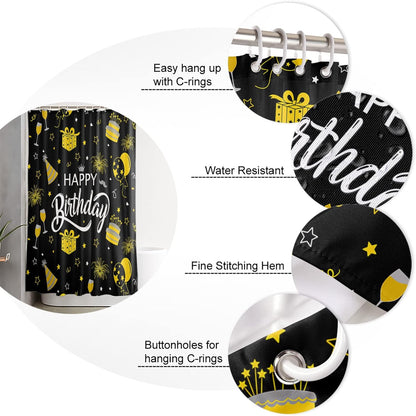 Happy Birthday Waterproof Shower Curtains Set - Standard 72 x 72 Inch, Yellow Celebration Black Backdrop Polyester Fabric Bathroom Curtain with 12 Hooks, Bathroom Accessories, 1 Panel