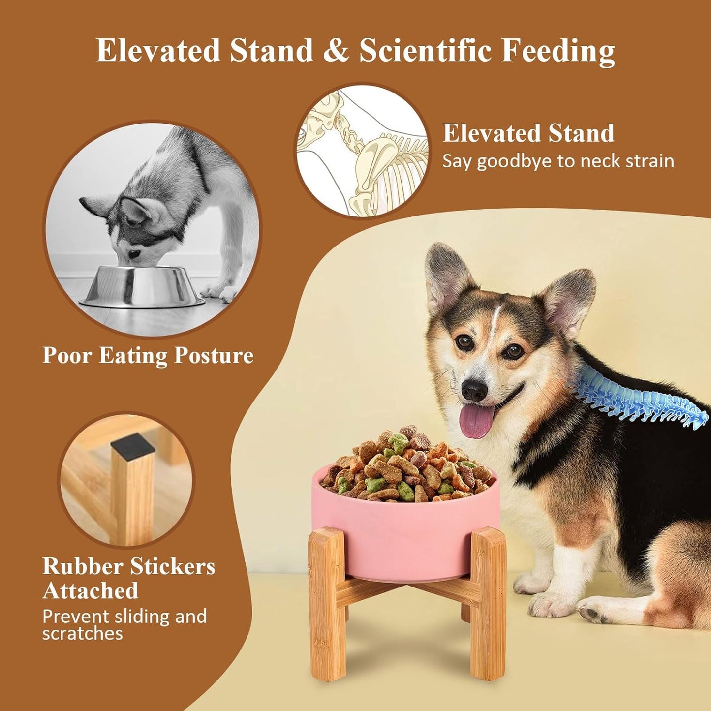 Yellow Ceramic Elevated Raised Cat Bowl with Wood Stand No Spill Pet Food Water Feeder Cats Small Dogs
