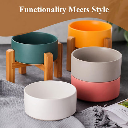 Yellow Ceramic Elevated Raised Cat Bowl with Wood Stand No Spill Pet Food Water Feeder Cats Small Dogs