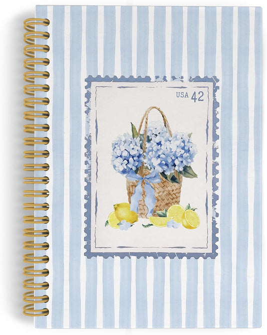 Blue Hydrangea Floral Lemon Spiral Notebook Journal, Summer Cottagecore Flower Lemon Notebooks for Note Taking, Retro Blue Striped Floral Hardcover Spiral Journal 5.5x8.3 Inches