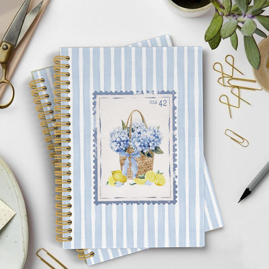 Blue Hydrangea Floral Lemon Spiral Notebook Journal, Summer Cottagecore Flower Lemon Notebooks for Note Taking, Retro Blue Striped Floral Hardcover Spiral Journal 5.5x8.3 Inches