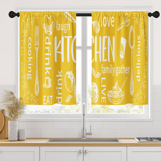 Yellow Kitchen Curtains 36 Inch Length Modern Window Short Tier Curtains Over Sink Set of 2, White Doodle Abstract Art Small Kitchen Decor