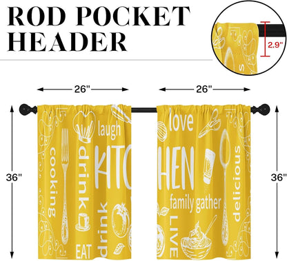 Yellow Kitchen Curtains 36 Inch Length Modern Window Short Tier Curtains Over Sink Set of 2, White Doodle Abstract Art Small Kitchen Decor
