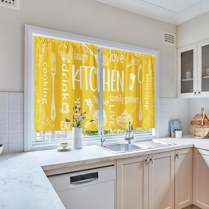 Yellow Kitchen Curtains 36 Inch Length Modern Window Short Tier Curtains Over Sink Set of 2, White Doodle Abstract Art Small Kitchen Decor