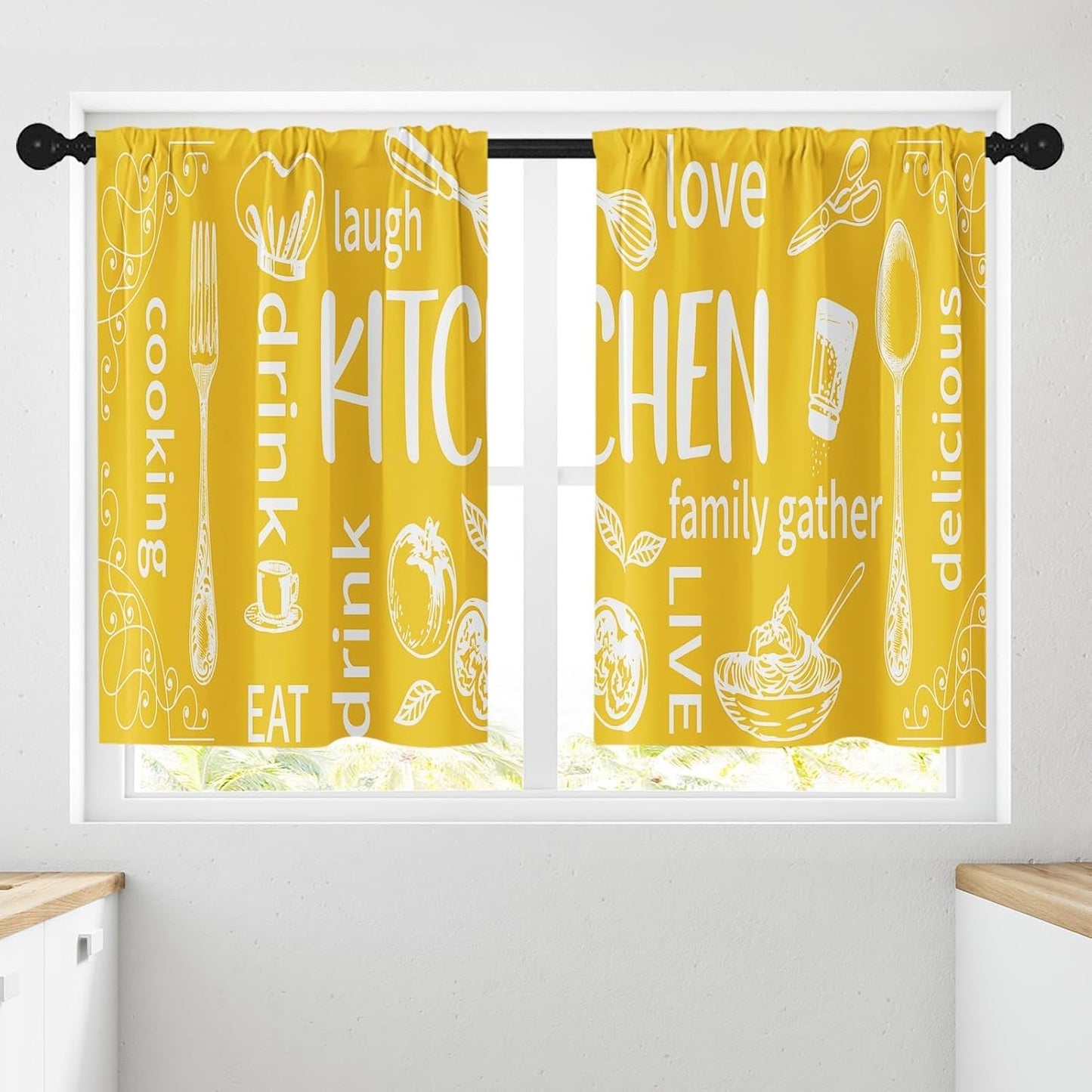 Yellow Kitchen Curtains 36 Inch Length Modern Window Short Tier Curtains Over Sink Set of 2, White Doodle Abstract Art Small Kitchen Decor