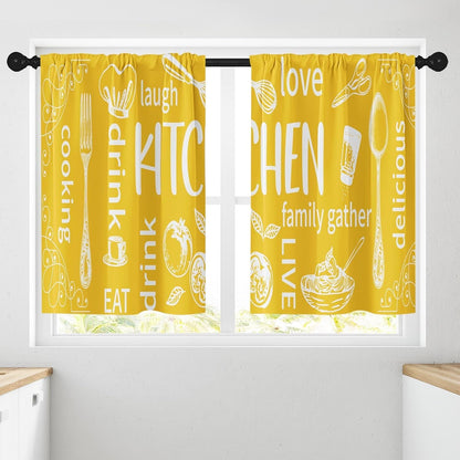Yellow Kitchen Curtains 36 Inch Length Modern Window Short Tier Curtains Over Sink Set of 2, White Doodle Abstract Art Small Kitchen Decor