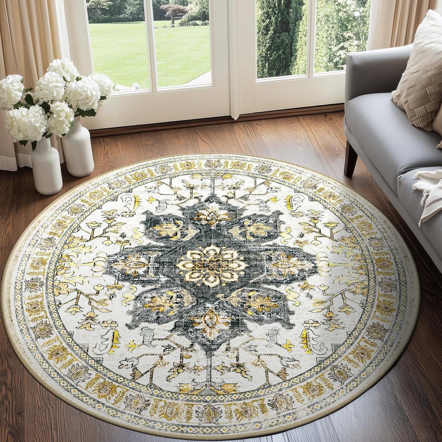 6ft Area Rug Washable Rugs for Living Room, No Pile Boho Carpet for Entryway Bedroom Dinning Room, Vintage Carpet Print Distressed Non-Slip, 72" Round, Grey Brown