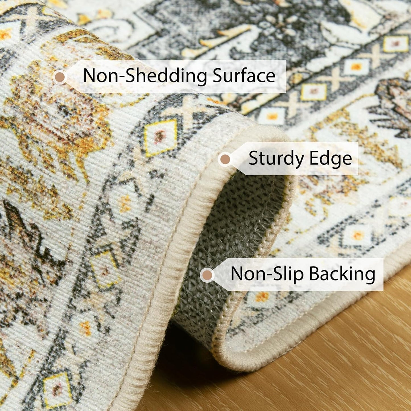 6ft Area Rug Washable Rugs for Living Room, No Pile Boho Carpet for Entryway Bedroom Dinning Room, Vintage Carpet Print Distressed Non-Slip, 72" Round, Grey Brown